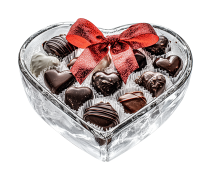 Heart-shaped chocolate box with red ribbon - assorted chocolates in crystal container, cut out - Powered by Adobe