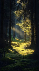 Fototapeta premium Sunlit Forest Path: A Mystical Journey Through Nature's Embrace