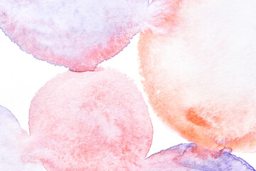 Fototapeta premium Abstract watercolor art with soft pastel circles and organic shapes in pink, purple, and orange hues.