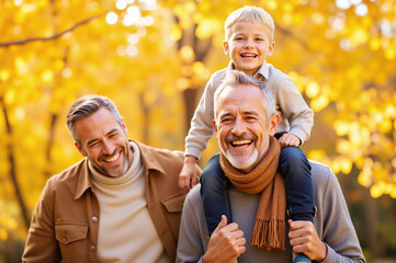 Three Generations of Men Smiling in Autumn Park – Celebrating Family Bond for International Day of Families