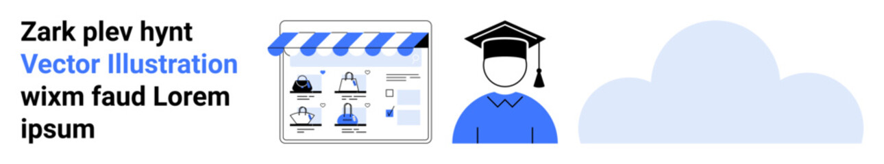 Shopping cart icon, graduate figure in cap and gown, and a cloud symbol. Ideal for online education, e-commerce, cloud computing, digital marketing, virtual stores, tech solutions remote learning