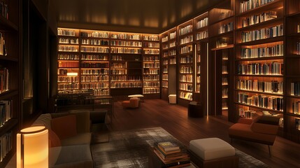 Serene Library Interior Design: Warm Lighting and Extensive Bookshelves
