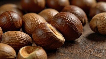 hazelnuts on a wooden table