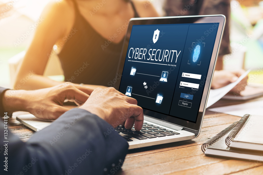 Poster cyber security system on computer screen protect private information snugly from hacker and cyber at
