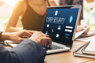 Cyber security system on computer screen protect private information snugly from hacker and cyber attack