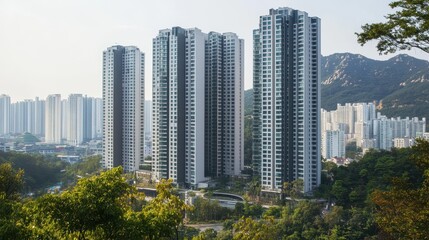 Tall modern apartment buildings are seen in a city environment