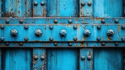Rusted blue metal beams, bolted construction, industrial exterior