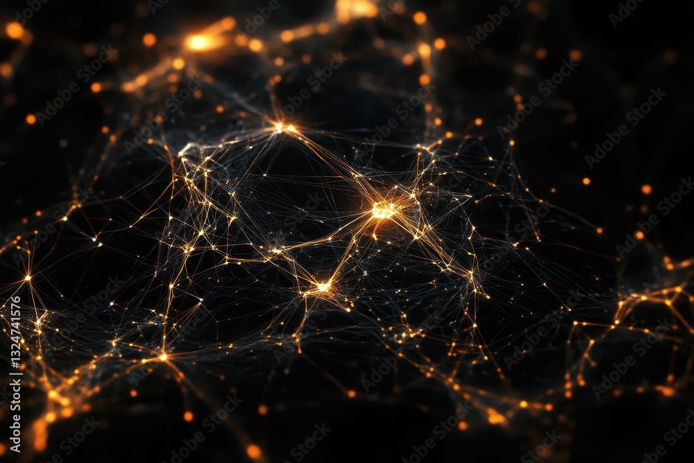 Poster data visualization depicting network connections on a dark background with glowing elements, data pr