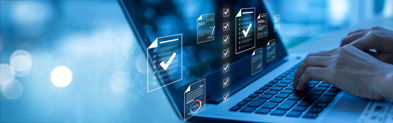 Document management concept, check electronic documents on digital documents on virtual screen...