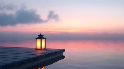 Fototapeta premium Tranquil Sunset: A Glowing Lantern on a Calm Lake Pier