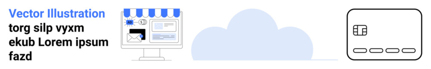 Screen with online storefront and email alert, centralized cloud icon, digital payment application interface. Ideal for e-commerce, cloud services, online business, digital payments, technology