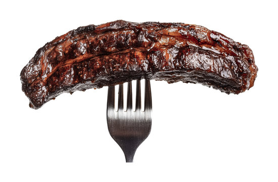 Grilled bbq rib on fork with shiny glaze, cut out