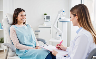 Fototapeta premium Young Woman at Gynecologist Appointment – Consultation in Modern Medical Setting for Seasonal Health Checkup Awareness