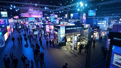 Vibrant digital expo showcasing interactive displays and engaged attendees