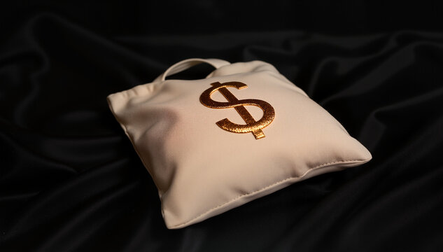 Elegant Money Bag with Gold Dollar Sign on Dark Fabric Background for Mega Millions Lottery Wealth Concepts  