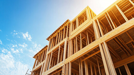 Fototapeta premium New Home Construction: Wooden Frame House Under Blue Sky New wooden house frame in progress, construction site, open sky, light background