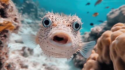 Astonished Pufferfish Encounter on Coral Reefs: Underwater Wildlife Portrait