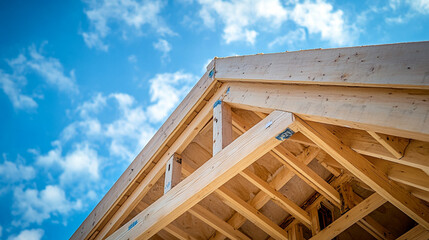New Home Construction: Wooden Frame House Under Blue Sky New wooden house frame in progress, construction site, open sky, light background