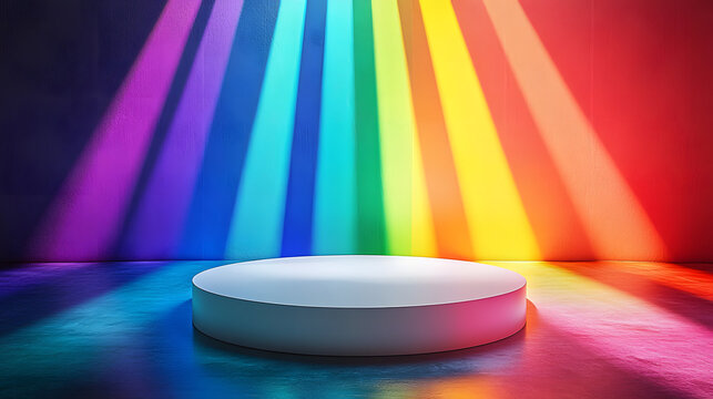 Empty white podium on rainbow flag background with spotlight for product display presentation, pride month theme