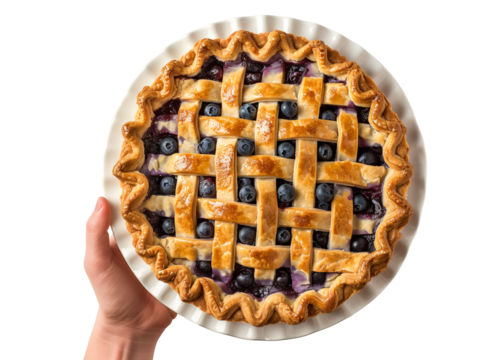 Hand holding baked blueberry pie filling a stunning lattice crust isolated on white transparent background
