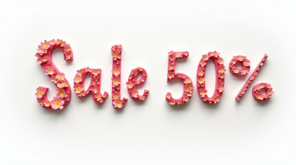 Sale 50% off pink flowers on white background