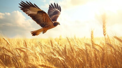 Obraz premium A majestic hawk soars across a golden wheat field