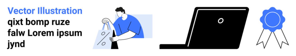 Man holding certificate, laptop, and award ribbon represent verification, digital learning, and achievement. Ideal for online courses, certification programs, academic excellence, professional