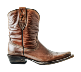 Worn brown leather cowboy boot with western stitching design, cut out