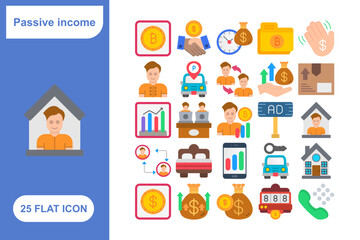 Passive Income Flat Icons Set, Collection of 25 Passive Income Flat Icons Set - 25 Vector Icons for Financial Growth, Investment, Earnings, Passive Income Streams & Wealth Building