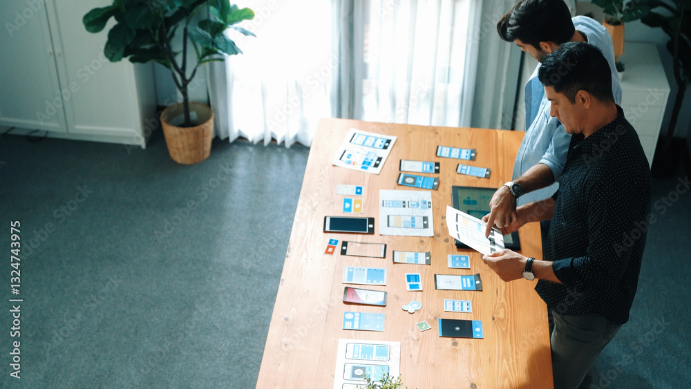 Aufkleber top view of front-end developer design ux ui design for mobile phone interface with multicultural te