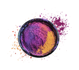 Vibrant holi festival powders in purple and orange explosion, cut out