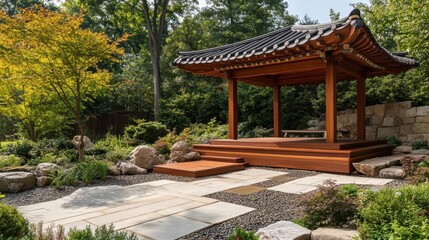 Obraz premium A wooden pavilion sits in a tranquil and well landscaped garden