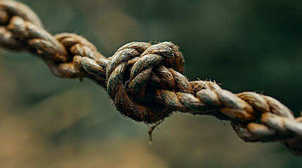 Close Up Of A Braided Brown Rope With A Complex Knot Against A Softly Blurred Green Background