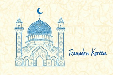 Minimalist Hand-Drawn Mosque Illustration with Blue Accents and Ramadan Kareem Calligraphy