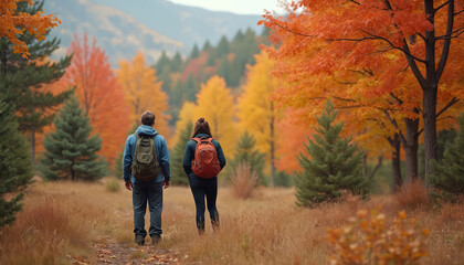 Fototapeta premium Back view of two hikers with backpacks admiring autumn foliage in forest. Couple walks on trail through colorful fall woods with red orange leaves, enjoying nature together. People hiking outdoors.