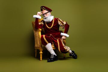 Elderly Man in Renaissance Costume in Gouache Royal Setting on Antique Chair