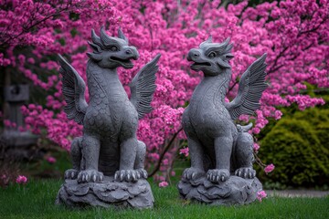 Two stone dragons stand guard amidst vibrant pink blossoms, creating a serene and enchanting atmosphere in a garden setting.