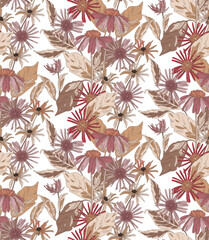 Fototapeta premium Mocha mousse color pattern of flowers and leaves, repeating pattern, artistic like wallpaper. 
