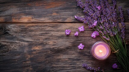 Obraz premium Beautiful Still Life of Lavender Blooms and Candle on Wooden Background with Clean Lines and Pastel Colors for Mother's Day Celebration