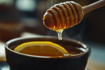 Sweet Honey Drizzling into Hot Tea with Lemon