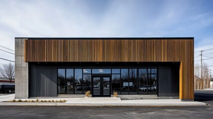 A modern building features a glass facade and wood cladding