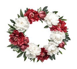 Red and white floral wreath with green leaves in a circular arrangement, cut out
