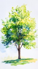 Obraz premium Beautiful Tree Scene on Sunny Day with Watercolor Pencil Sketch Hybrid Painting and White Background