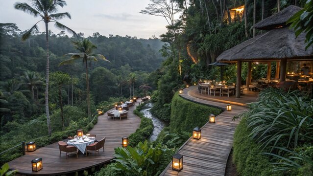 ungle Dining Experience: Private Pavilions, Lush Tropical Setting, Romantic Ambiance, Luxurious Dining in Natural Paradise.