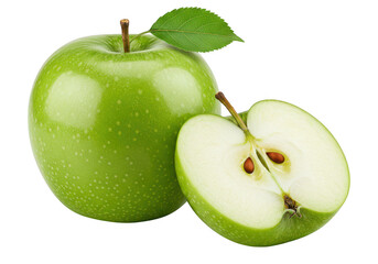 A fresh green apple and a half-cut apple isolated on transparent background