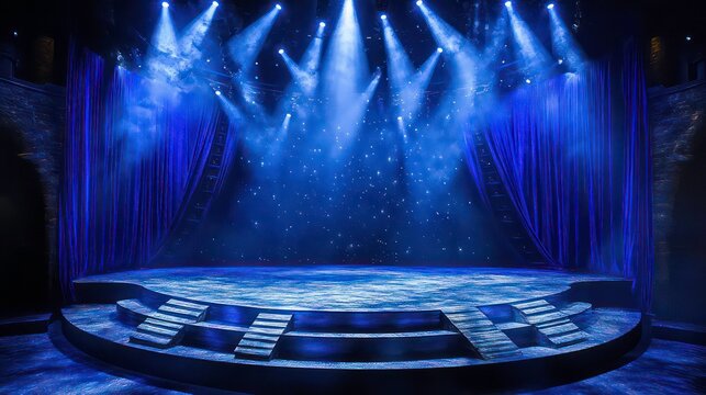 A round stage bathed in blue spotlights with a raised platform and blue curtains, ideal for concerts, theater productions, or award ceremonies.