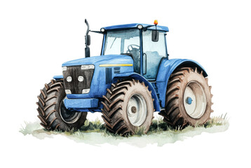 Obraz premium Blue tractor in rustic field: agriculture, farming, machinery, rural scene, watercolor art, cut out