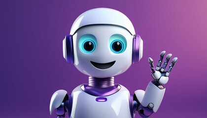 3d robot in purple background with hand up expressing hello or support friendly chatbot renders for technology and robotic toy concepts