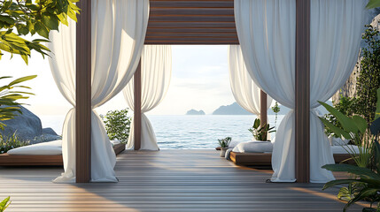 Obraz na płótnie Canvas Serene Coastal Gazebo: Tranquil Beachside Oasis with Flowing White Curtains
