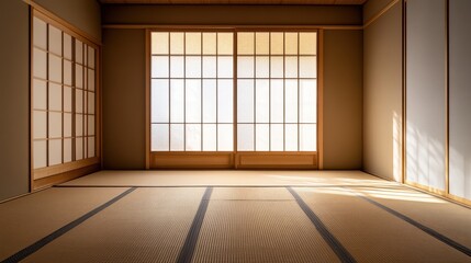 An Empty Japanese Interior Features Sliding Doors and Tatami Flooring